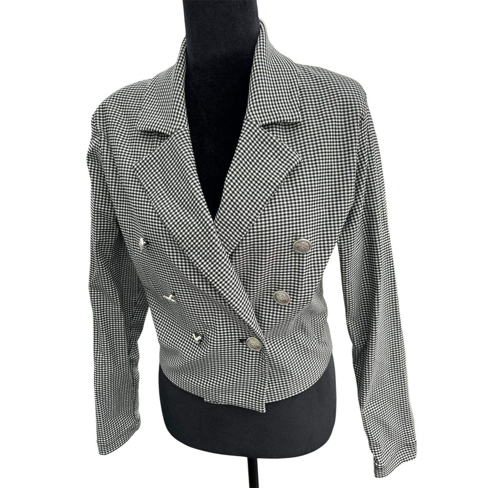Chocolate USA Gingham Cropped Blazer Black White Double Breasted Crest Button M